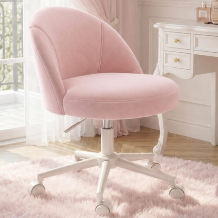 Pink Swivel Vanity Stool With Backrest And Wheels
