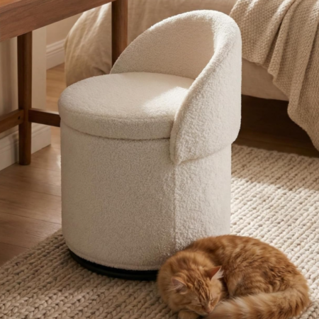 Bouclé Swivel Vanity Stool With Storage (Barrel Design)