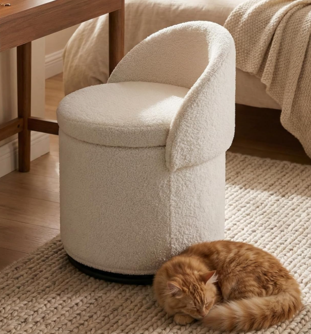 Bouclé Swivel Vanity Stool With Storage (Barrel Design)